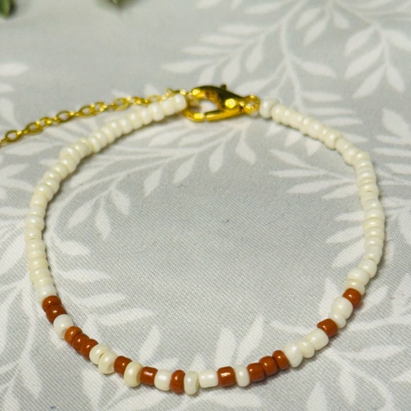 F*ck Trump Morse Code Handmade Beaded Dainty Bracelet, Burnt Orange and Cream - Picture 1 of 2